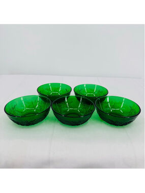 Anchor Hocking Set of 5 Small Bowls Sandwich Pattern Vtg Green Depression Glass